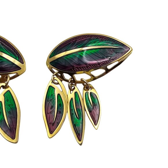 Berebi Enamel Leaf Drop Earrings Purple Green Pierced Gold Tone - Picture 3 of 10
